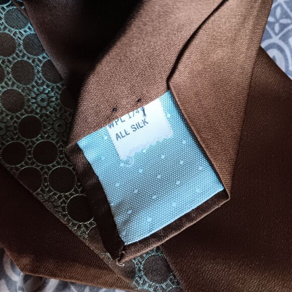 Vintage Silk Brown Tie With Teal Circle Pattern All Silk Mens 58" 3.5" wide - Picture 3 of 3